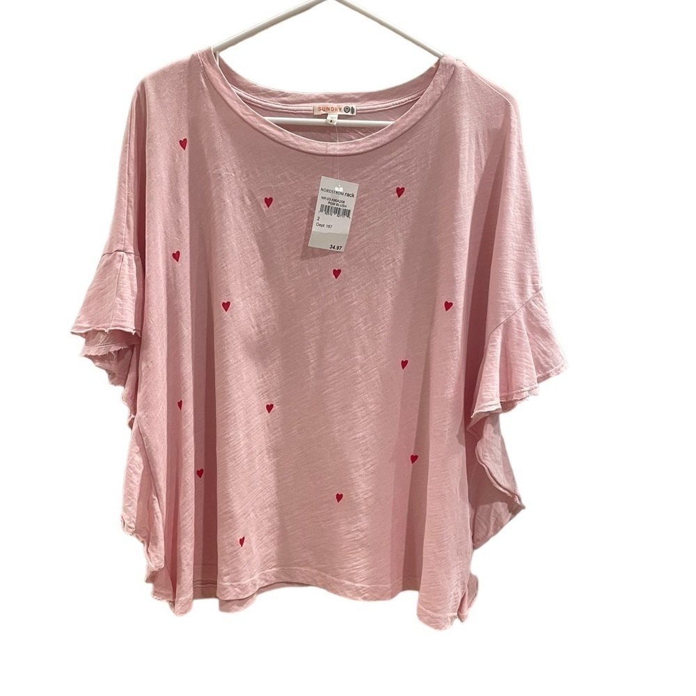 NWT - Sundry Pink Ruffle Sleeve Heart Printed Top - Picture 2 of 4